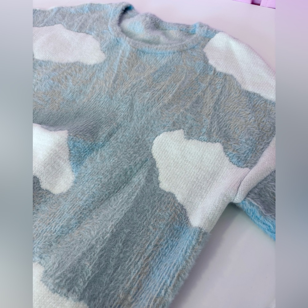Light Blue White Fuzzy Cloud Pullover Sweater Sma… - image 3